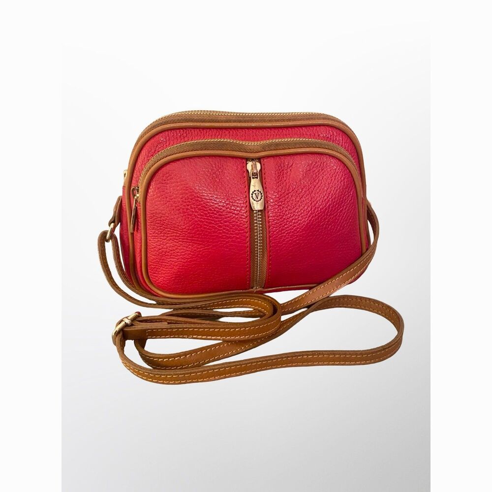 Valentina Italian Red Pebbled Leather Crossbody Bag Tan Piping Multi Zip Small